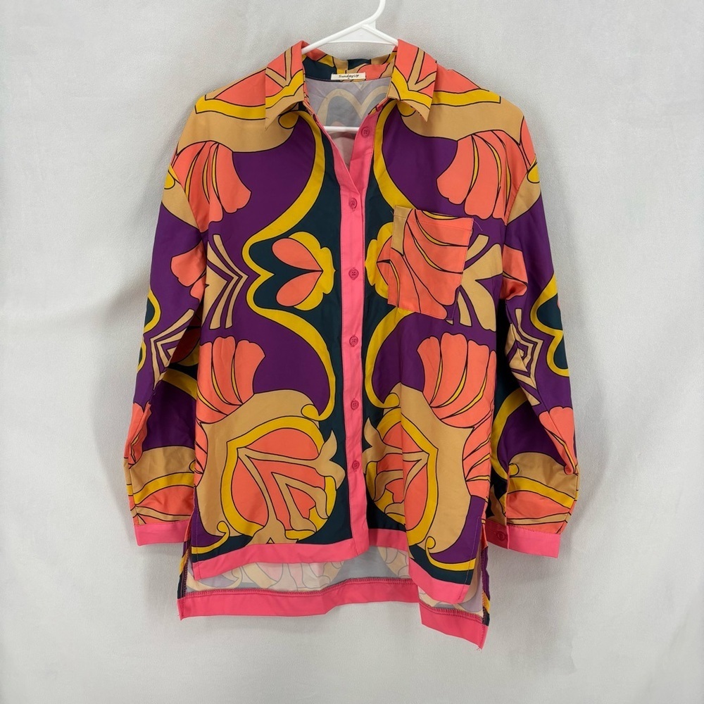 SundayUp Bold Retro Print Button Down Long Sleeve Blouse Shirt Medium